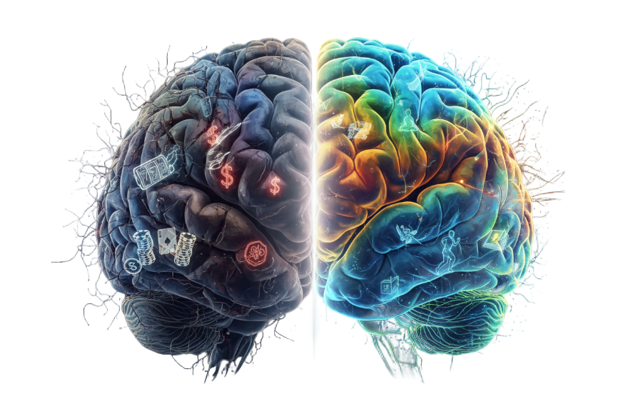 dame una imagen de : mitad un cerebro enfermo por el juego y mitad cerebro sano 