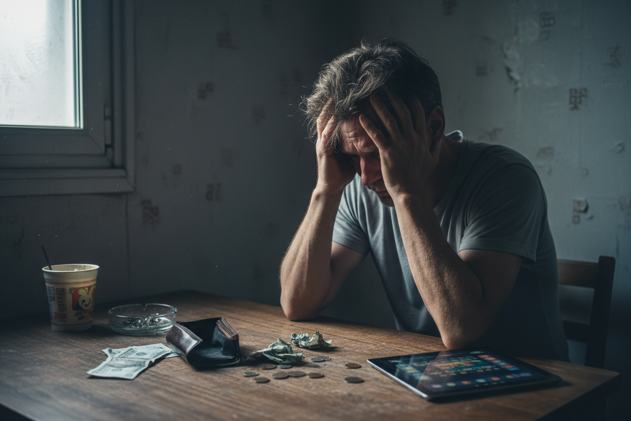 genera una imagen de una persona común triste por la ludopatia 